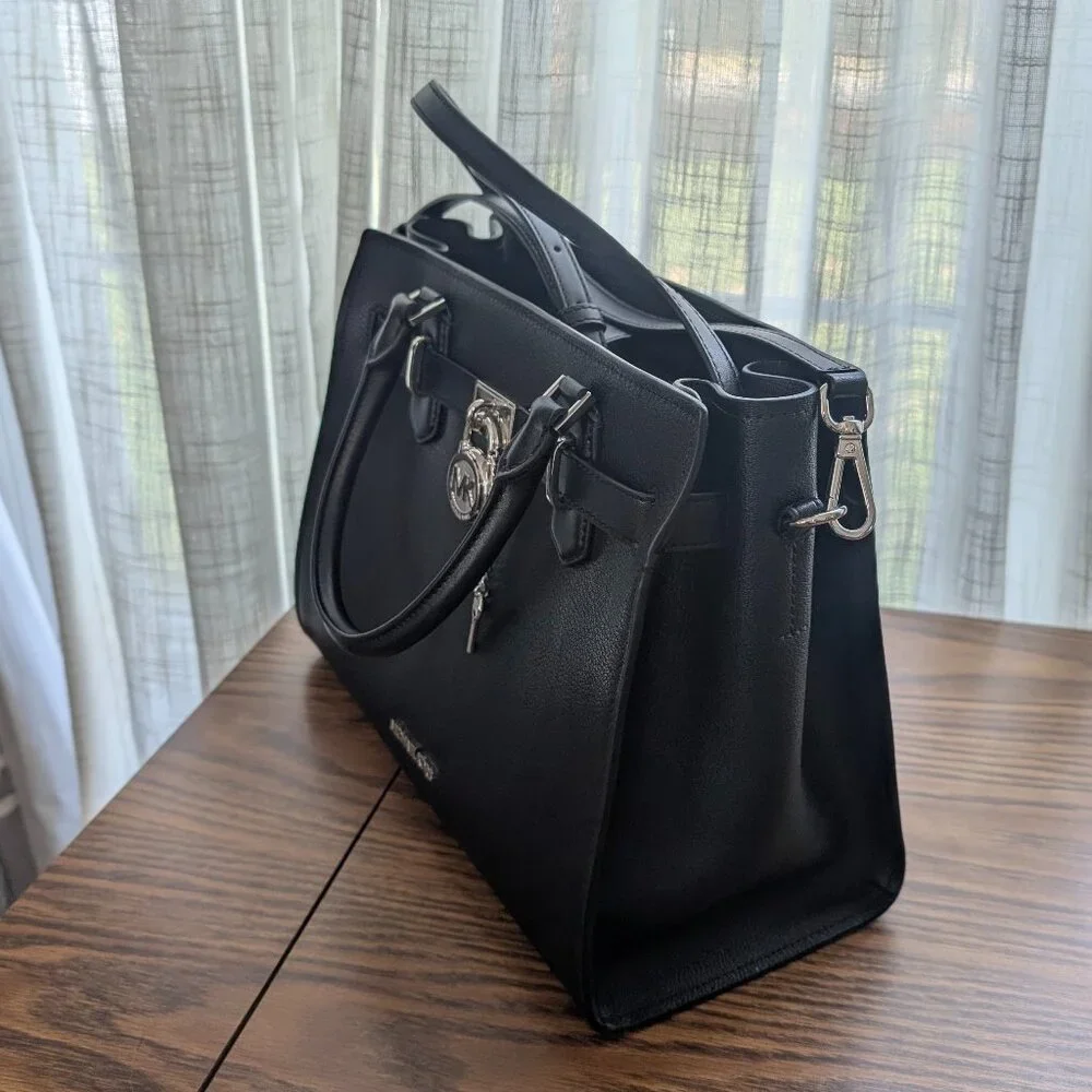 MICHAEL KORS HAMILTON MEDIUM CROSSBODY SATCHEL HANDBAG LEATHER BAG (BLACK) - Picture 6 of 7